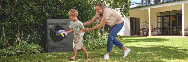 aroTHERM heat pump side view outside house