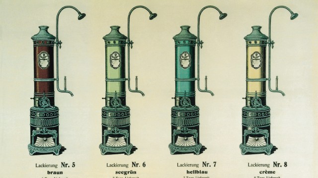 1906 Gas-Badeofen, gas geyser, Katalog, catalogue, verschiedene Farben,