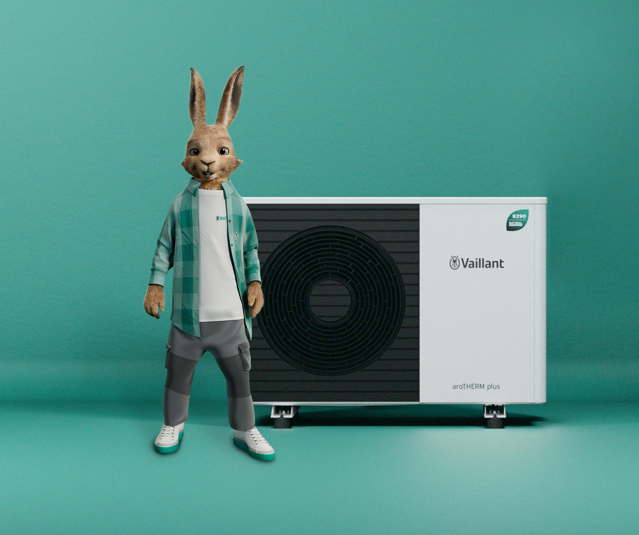 The Vaillant hare next to an aroTHERM plus heat pump on a green background