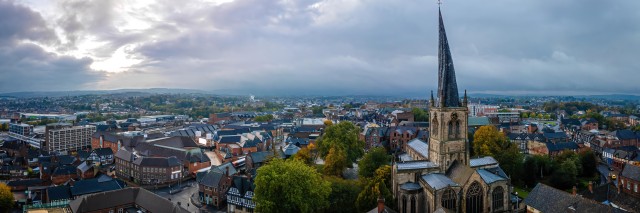 Birdseye view of Chesterfield with the crooked spire