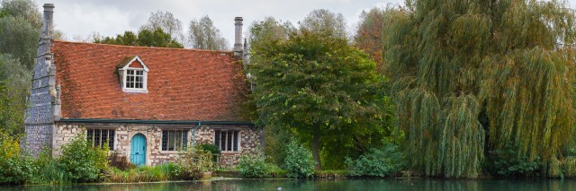 Cottage with trees and a lake