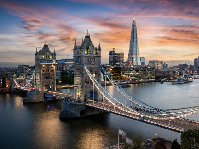  aerial view of tower bridge and the shard in London at sunset