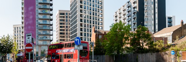 Modern apartment homes in blocks high rise buildings in Ilford Center. 