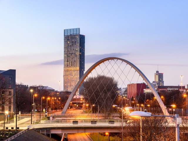 skyline view of Manchester and sunset