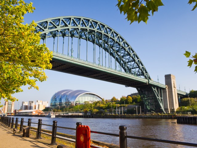 Upward view of the Tyne bridge in Newcastle Upon Tyne with water underneath and a green leafy tree on the left