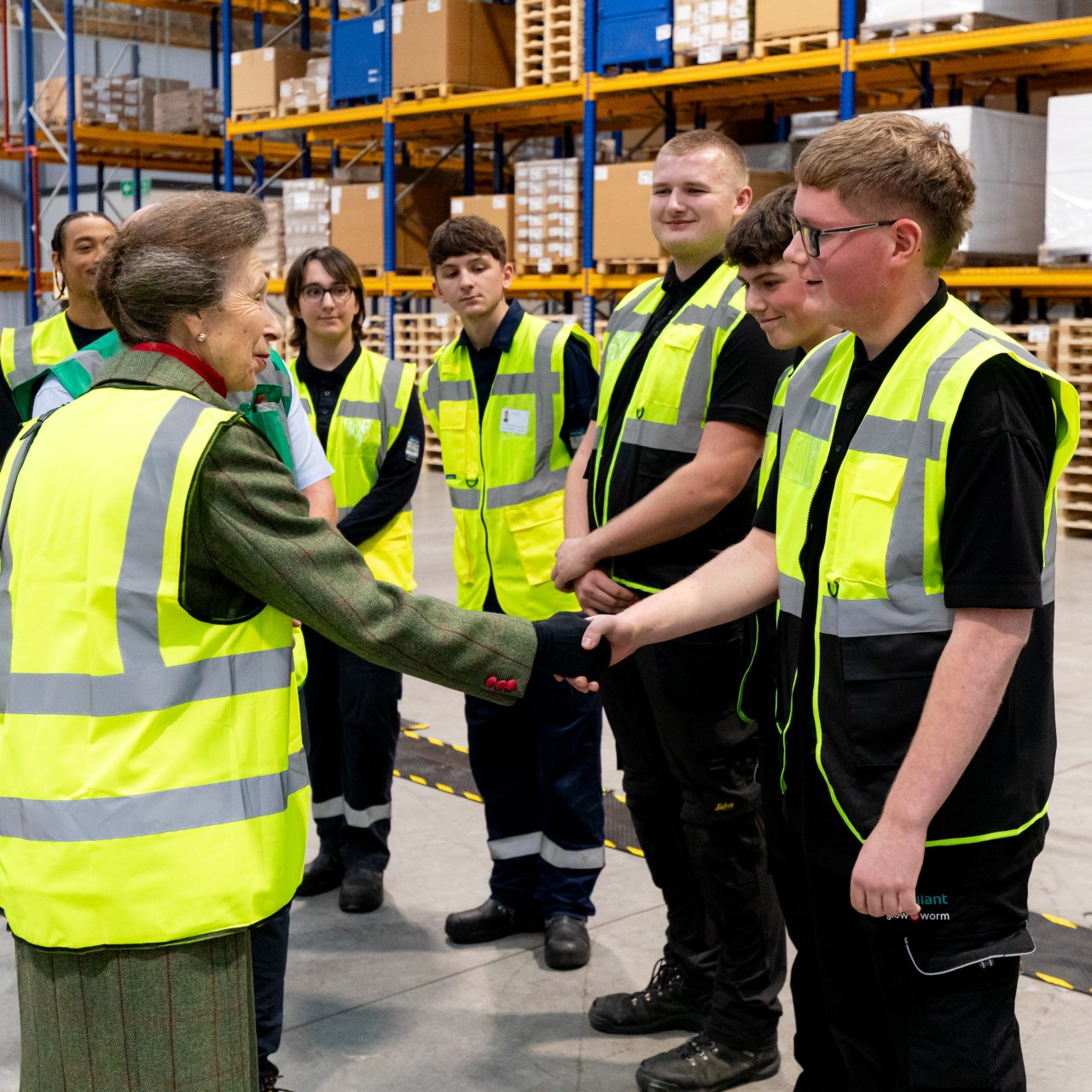Princess Anne speaking to a group of apprentices from Vaillant.
