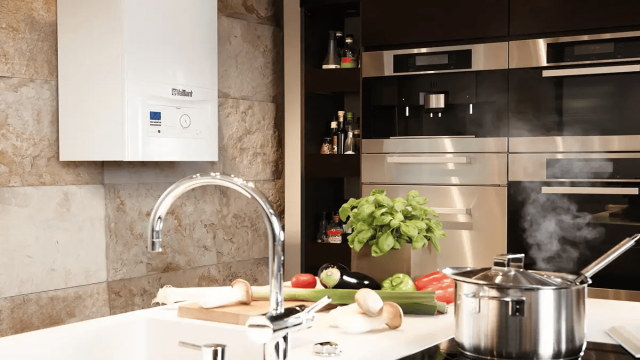 ecoTEC pro boiler in a kitchen cupboard