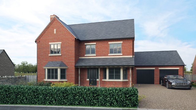 a red brick house with slate grey roof and a garage and a car parked in front of the garage door.