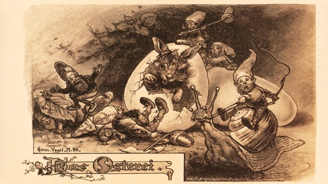 Old photo of the Vaillant Hare which is a easter bunny hatching from an egg