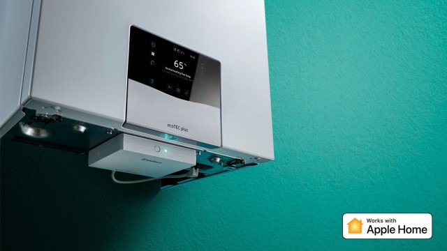 underneath of the ecoTEC plus boiler with myVAILLANT connect attached on green background
