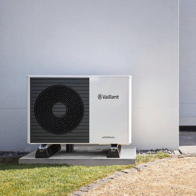 aroTHERM plus heat pump outside a white wall